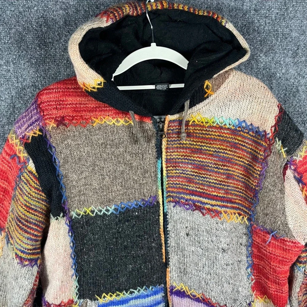 Nepal Wool Patchwork Zip Hoodie Unisex M Multicolor Fleece Lined Boho Jacket